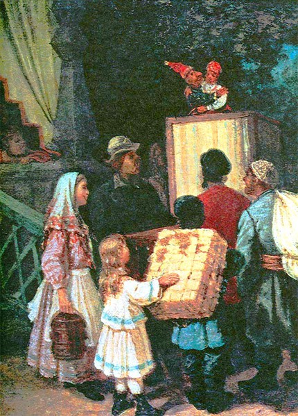 Л. И. Соломаткин, «Петрушка», 1878. Изображена сцена свадьбы Петрушки
