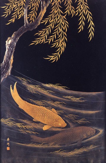 Лаковое японское панно с изображением золотых рыбок, вдохновивших Дебюсси на пьесу «Золотые рыбки»