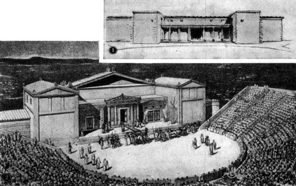 1) Скена афинского театра. 5 в. до н. э. Реконструкция Э. Фихтера. 2) Афинский театр. 5 в. до н. э. Реконструкция Г. Булле и Г. Вирсинга с изображением представления «Агамемнона» Эсхила