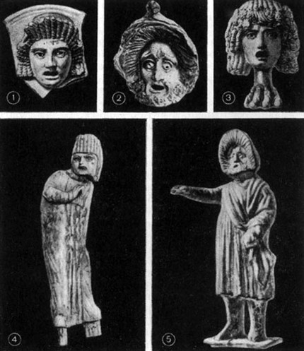 Трагические актёры и маски: 1. Маска юноши. Терракота. Берлин. 2. Маска варвара. Терракота. Берлин. 3. Женская маска на лапе грифона. 4. Трагический актёр. Слоновая кость. Позднеримская работа. Париж. 5. Трагический актёр. Терракота. Берлин