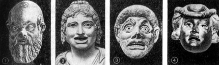 Маски новой комедии: 1. Горожанин. Терракота. Афины. 2. Гетера. Мрамор. Рим. Ватикан. 3. Крестьянин. 4. Юноша. Терракота. Мюнхен