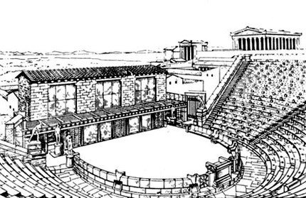 Театр в Приене. Реконструкция А. Геркана с изображением фиром (приблизительно середина 2 в. до н. э.)