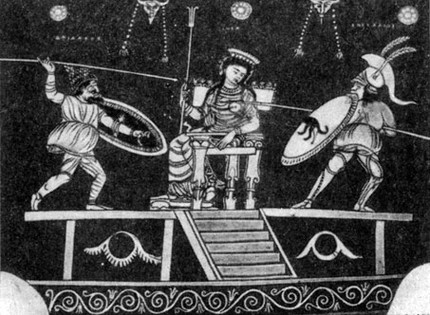 Поединок Ареса с Гефестом в присутствии Геры. Изображение сцены из флиака на италийской вазе. 4 — 3 вв. до н. э.