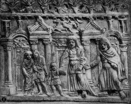 Андромаха и Одиссей, требующий выдачи Астианакта, сына Гектора. Сцена из трагедии. Терракота. Рим