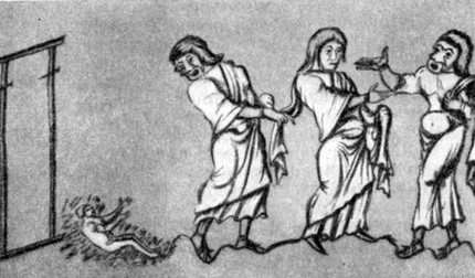 Сцена из комедии Теренция «Девушка с Андроса». Из средне-вековой рукописи, восходящей к античному оригиналу