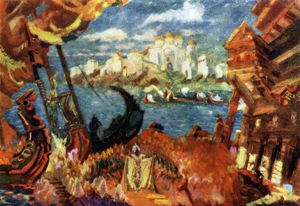 Ф. Ф Федоровский. Эскиз декорации к опере «Садко» Н. А. Римского-Корсакова. Сцена торжища в Новгороде. 1949